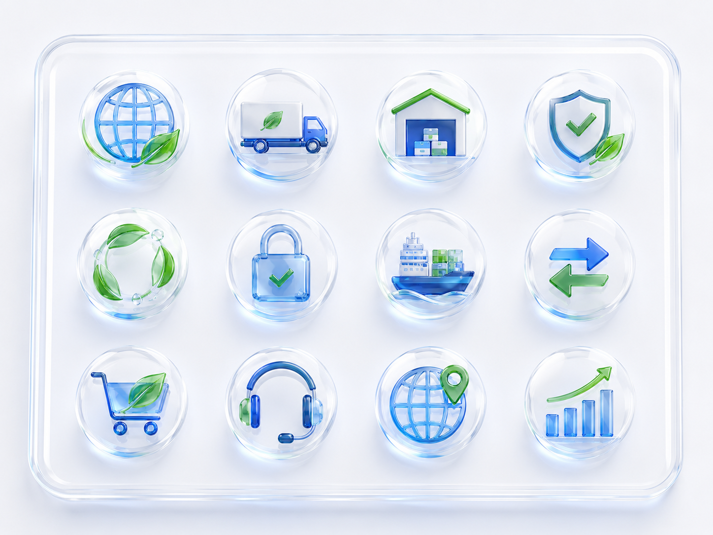 3D Amilko service icons for global distribution, logistics, warehousing, quality, sustainability and e-commerce
